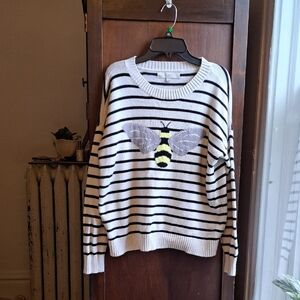 LOFT Woman's Size Med Black and White Striped Sweater with Bee Design